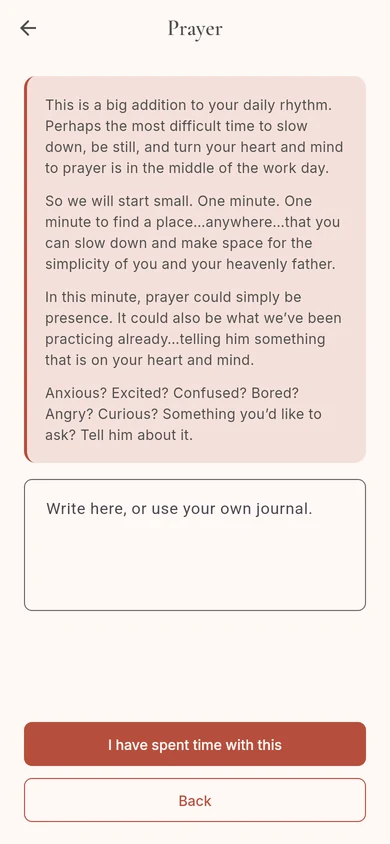 The afternoon prayer rhythm: a short invitation to take one minute to slow down and pray, a box to write in, and the button "I have spent time with this".