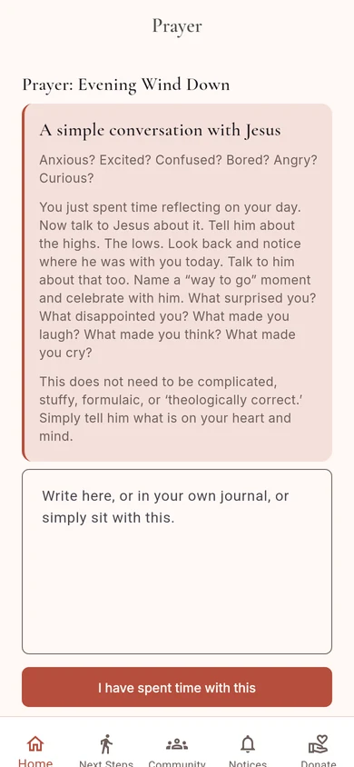 Evening prayer, "A simple conversation with Jesus", with a space to write. What you write is kept in My Prayer Journal.